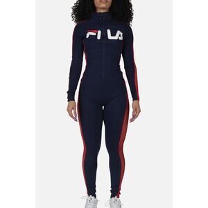 FILA Women’s Navy Red Bodycon Unitard Jumpsuit Playsuit Small Streetwear Sporty